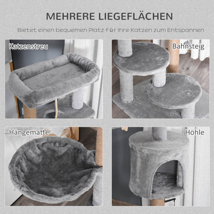 PawHut Kratzbaum, Katzenbaum, 1 Katzenhöhle, Katzenbett, 1 Hängematte, inkl. Spielzeug, Hellgrau