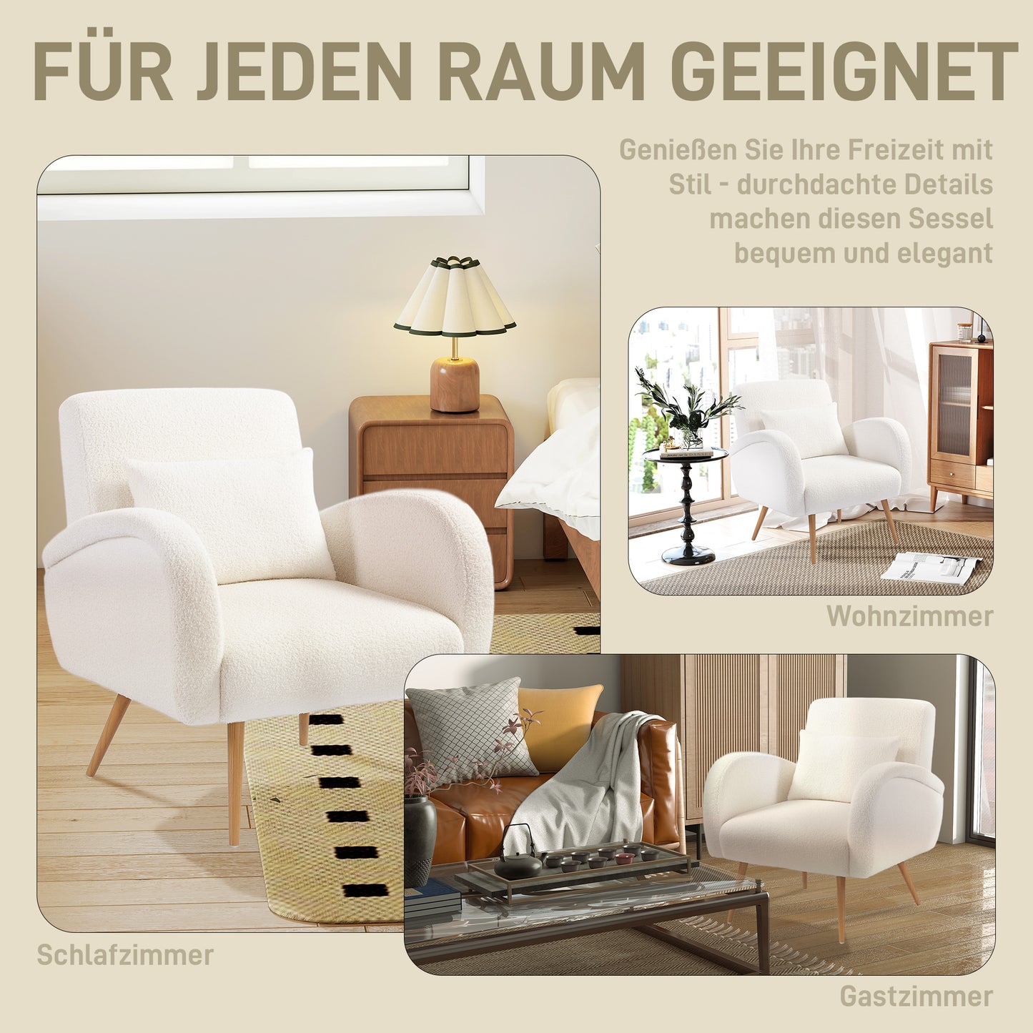 HOMCOM Polstersessel, Fleece-Bezug, gepolsterter Armlehnstuhl mit Lendenkissen, Metallbeine, Lesesessel, Cremeweiß