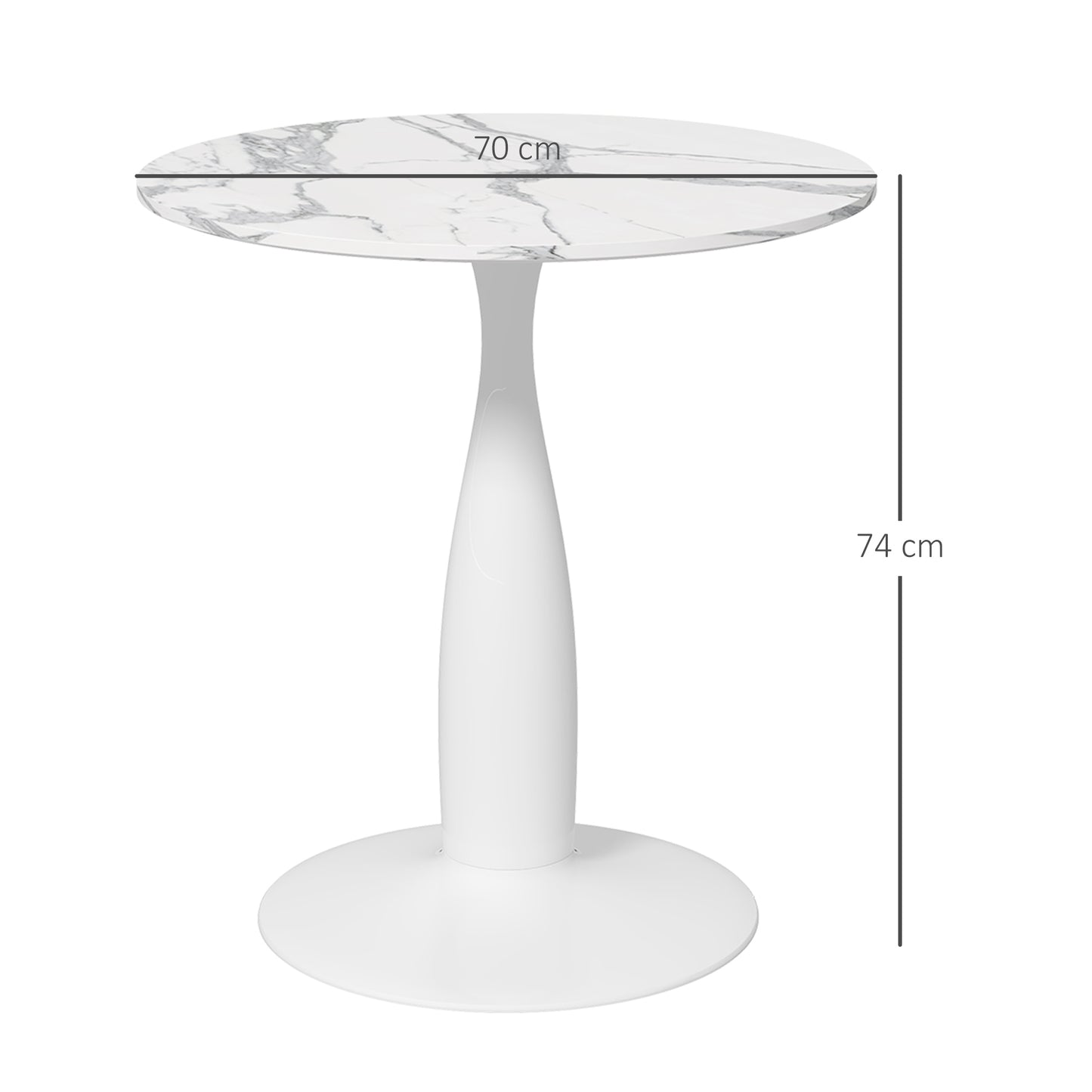 HOMCOM Runder Esstisch, pulverbeschichteter Stahl, MDF mit Melamin, rutschfeste Füße, 70 x 74 cm, Weiß