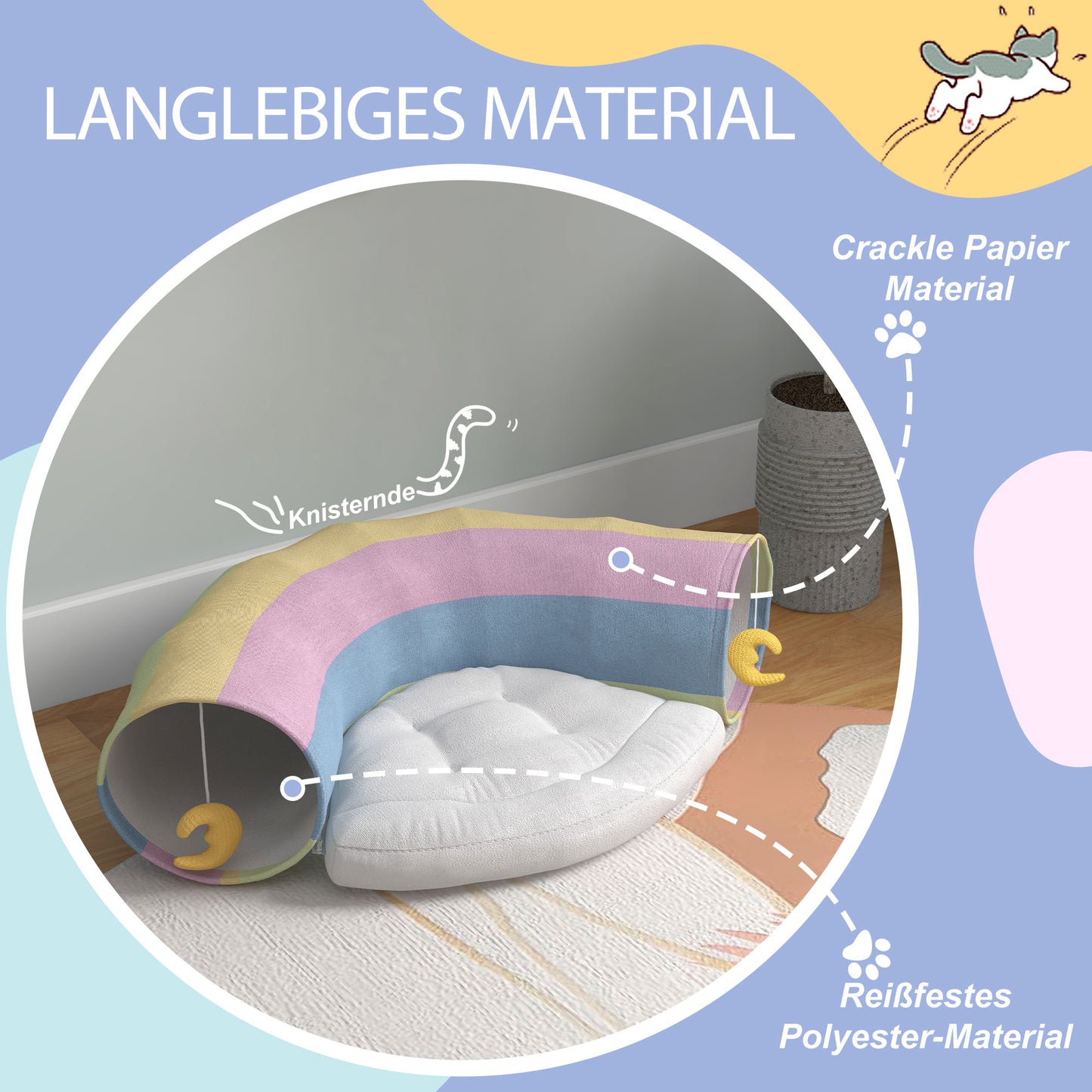 PawHut Katzentunnel Katzenspielzeug, 2 Spielzeuge, 1 Liegepolster, verspieltes Design, 105 cm x 65 cm x 28 cm, Mehrfarbig
