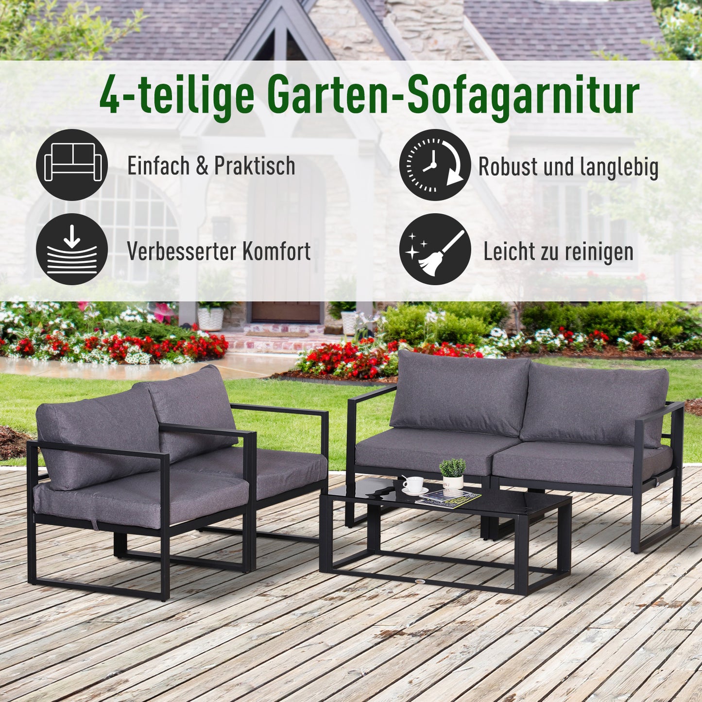Outsunny Vierteiliges Gartenmöbel Set, Sitzgruppe, Sofa mit Sitzkissen, Tisch mit Staurum, Polyester, Grau, 138 x 69 x 63 cm
