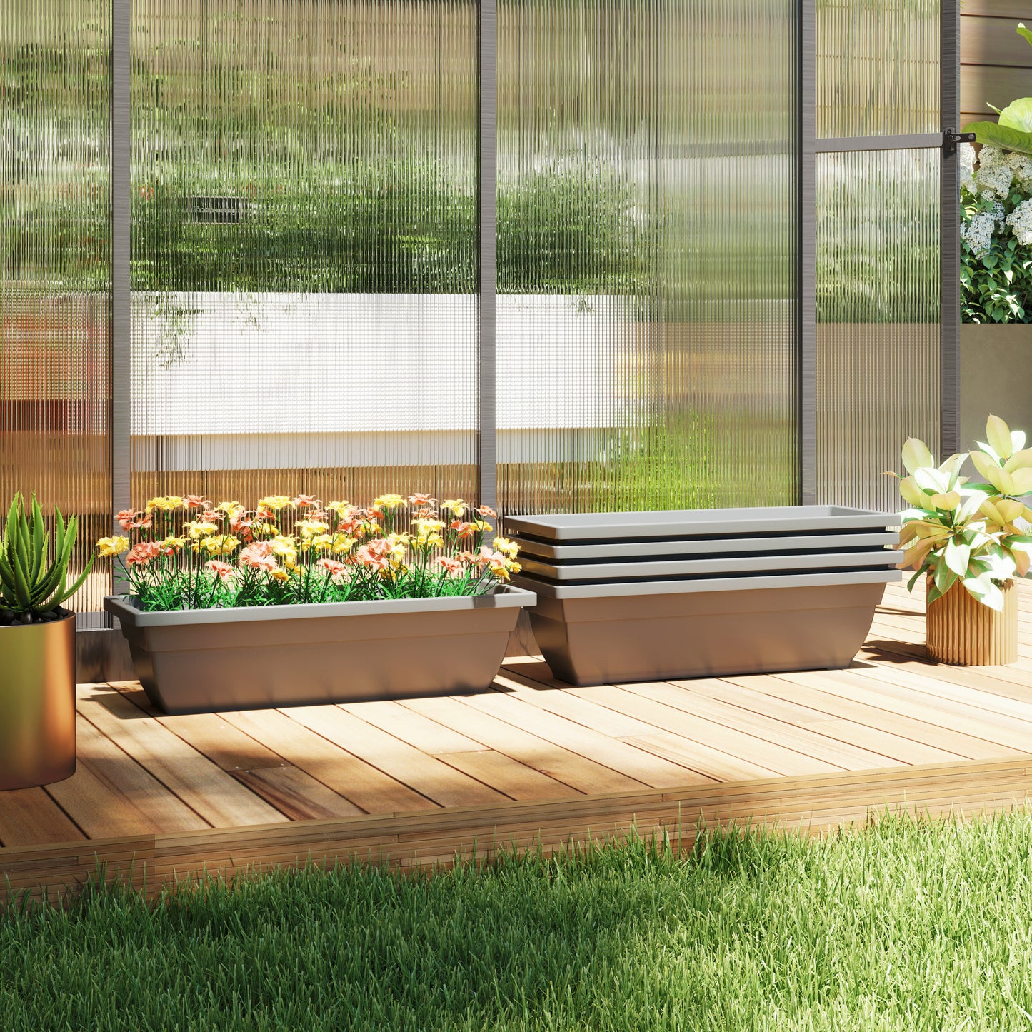 Outsunny 5er-Set Blumentöpfe, Pflanzengefäße aus Kunststoff für Terrasse, Garten, Balkon, 59 x 21 x 16 cm, Grau