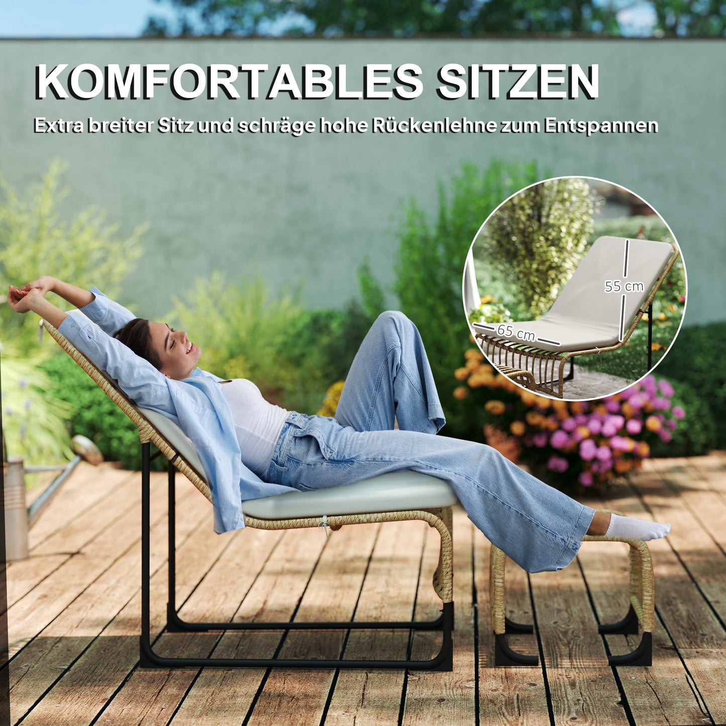 Outsunny Rattan Relaxsessel med Fußhocker UV-beständig Gartensessel mit Kissen Bänder 65 x 93 x 80 cm Naturholz