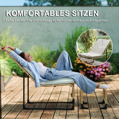Outsunny Rattan Relaxsessel med Fußhocker UV-beständig Gartensessel mit Kissen Bänder 65 x 93 x 80 cm Naturholz