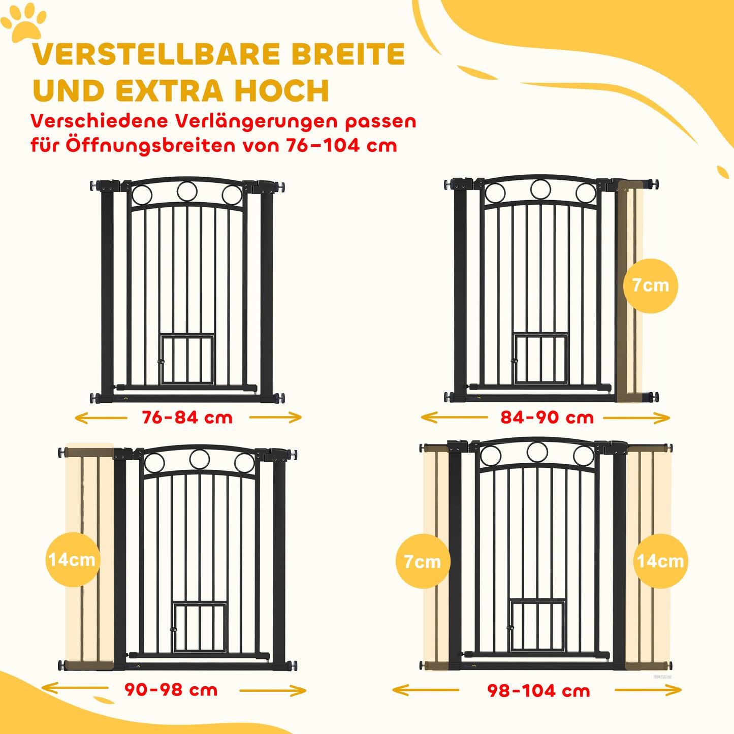 PawHut Haustiertor, 96 cm Treppengatter, verstellbar Breite 76-104 cm, mit Katzentür, für Treppen och Türöffnungen, Schwarz