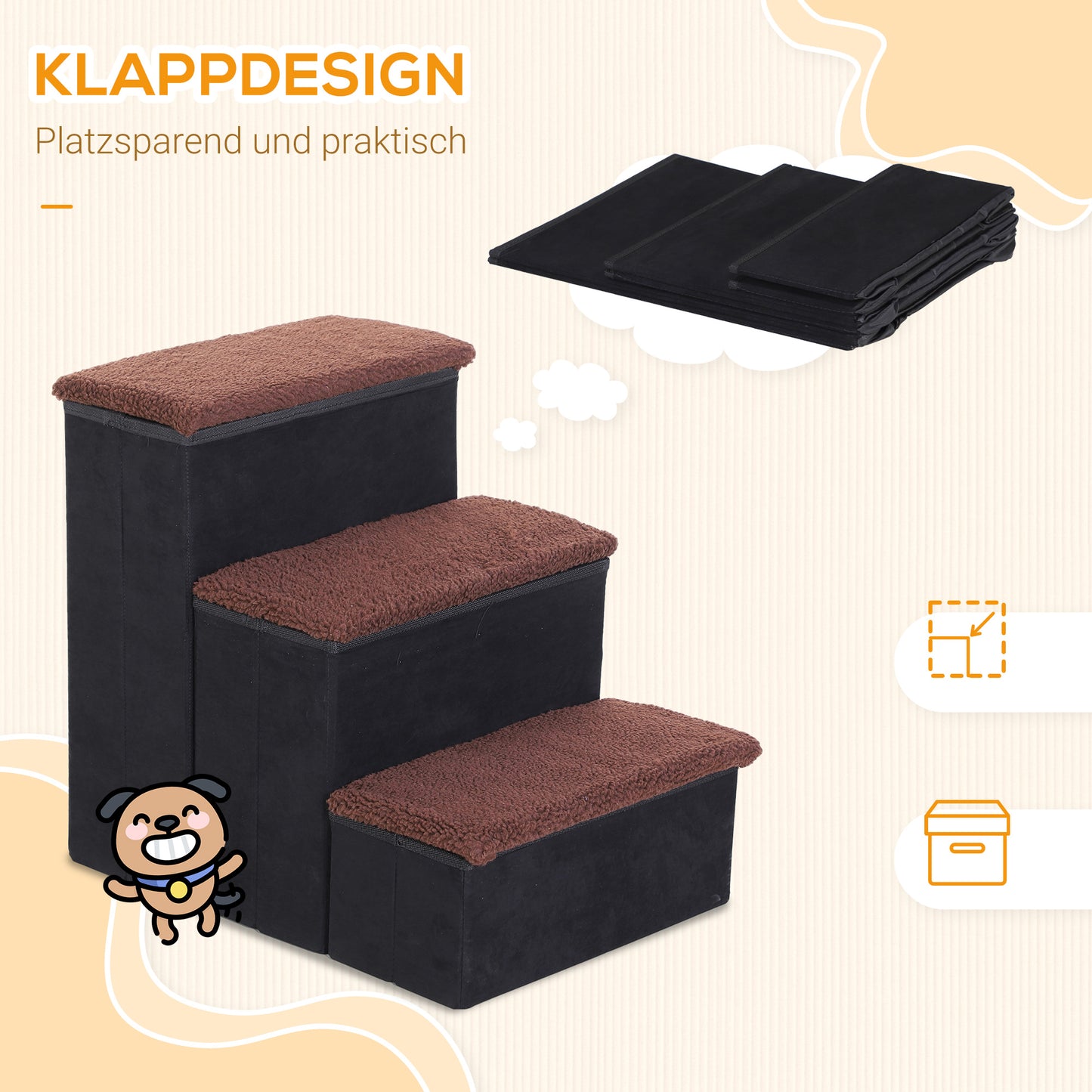 PawHut Haustiertreppe Katzentreppe Hundetreppe Faltbar 3 Stufen Tiertreppe mit Staurum für Katzen und Hunde MDF Schwarz 40 x 54 x 48 cm