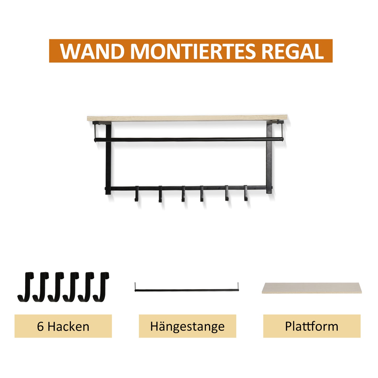 HOMCOM 2-in-1 Garderobenset Flurgaderobe mit Sitzbank Wandgarderobe für Eingangsbereich, 6 Haken, Natur+Schwarz, 75 x 30 x 45 cm(Sitzbank)