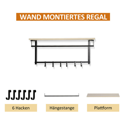 HOMCOM 2-in-1 Garderobenset Flurgaderobe mit Sitzbank Wandgarderobe für Eingangsbereich, 6 Haken, Natur+Schwarz, 75 x 30 x 45 cm(Sitzbank)