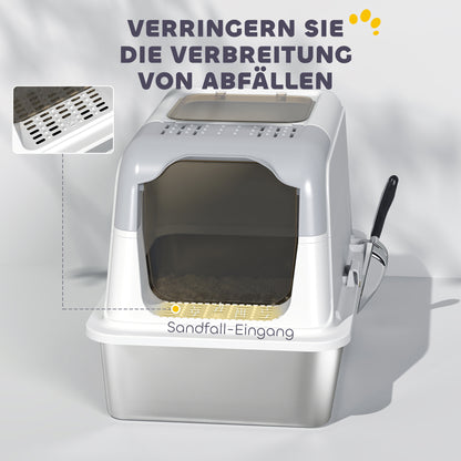 PawHut Katzenklo, Katzentoilette mit Deckel, Streuschaufel, vorne Eingang och ober Ausgang Edelstahl bis 7 kg
