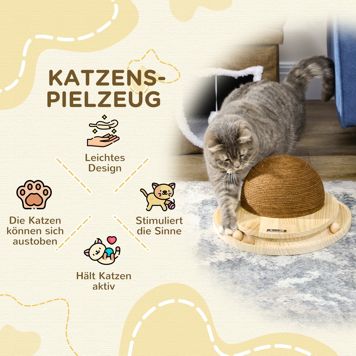 PawHut interaktiva Katzenspielzeug, Kratzfläche, oval Kugelbahn, Kiefernholz, 39,5 x 32,5 x 14,5 cm