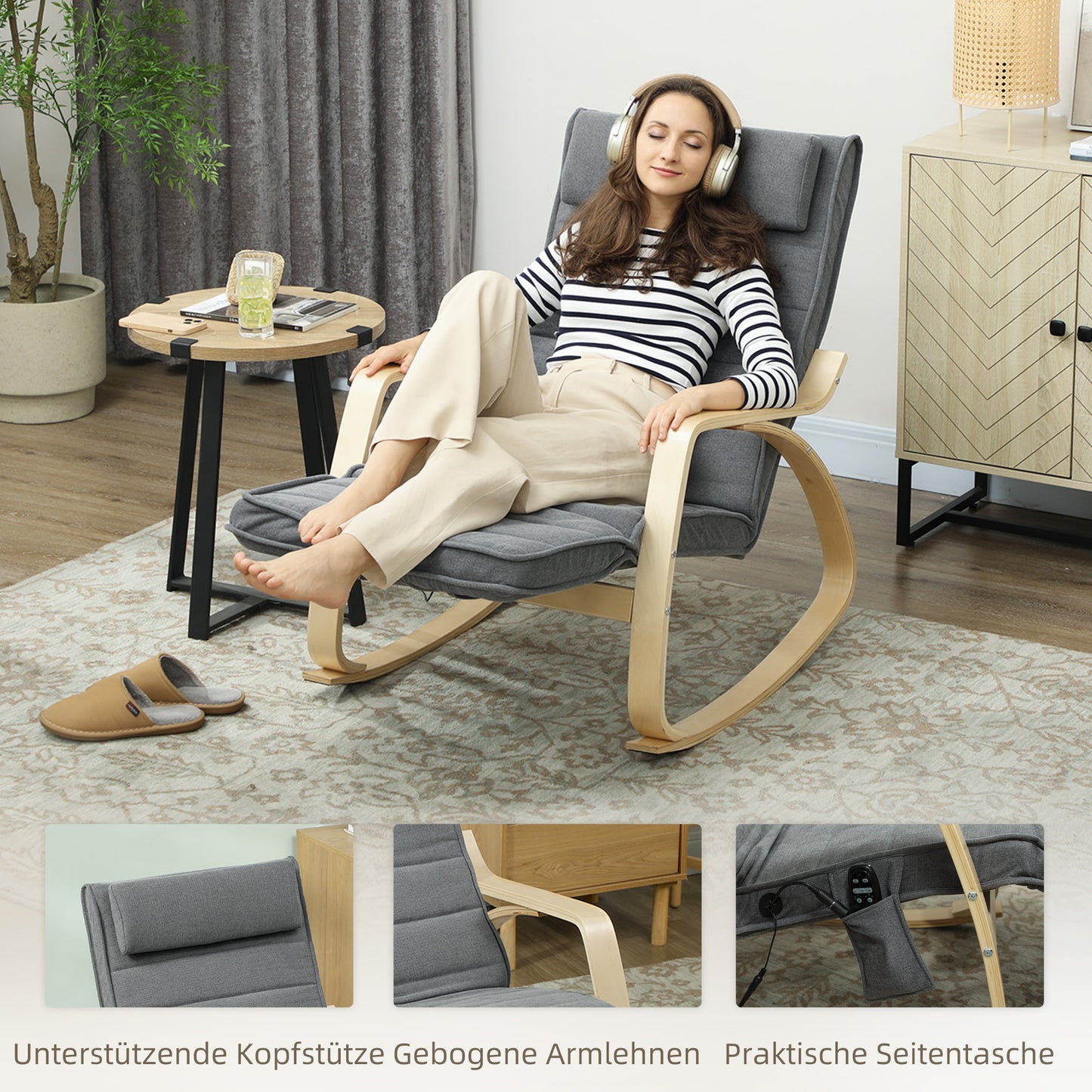 HOMCOM Schaukelstuhl mit Massage-Funktion, Lendenheizung, 3 Modi, Stoffbezug, Grau