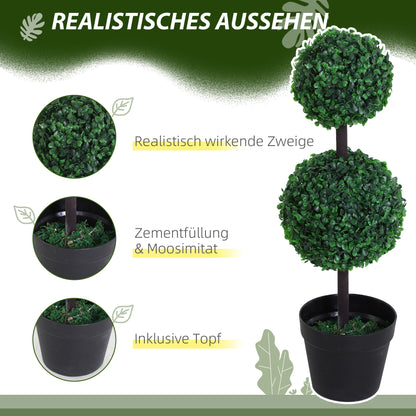 Outsunny 2er-Set Kunstpflanze, Künstliche Pflanzen im Kugeldesign, Kunstbaum im Zementtopf, Kunststoff-Pflanze, Grün+Schwarz