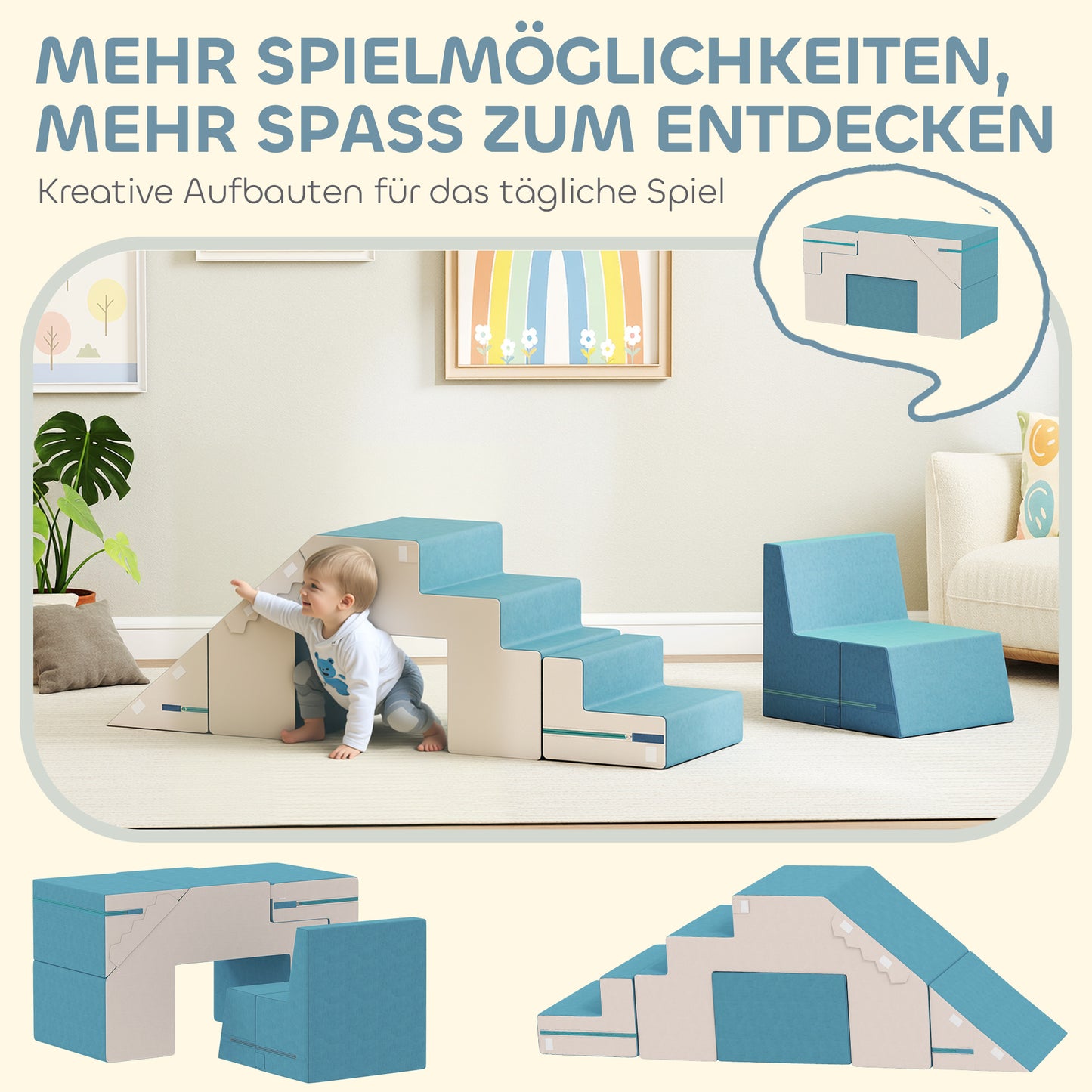AIYAPLAY 2-teiliges weiches Spielblöcke-Set für Kleinkinder, Kunstleder, Schaumstoff, zum Klettern, Bauen, Spielen, Beige+Blau