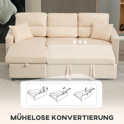 HOMCOM Verstellbares Bettsofa, L-förmiges Gästesofa mit Bettfunktion, Stauraum, Kissen, für Wohnzimmer, Gästezimmer, Beige