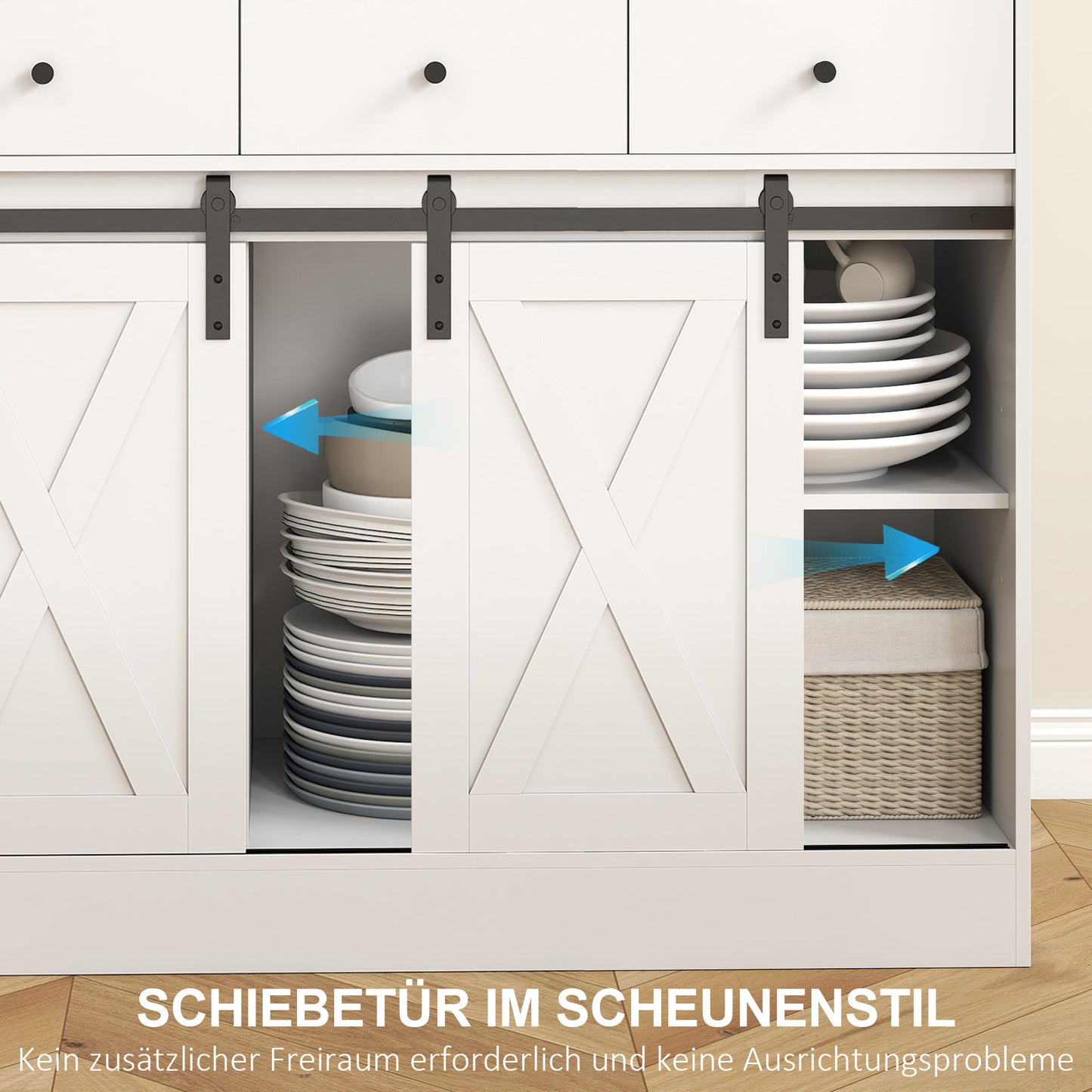 HOMCOM Küchenschrank mit Regalen, Schränken, Schubladen und Ablagefläche, Bauernhaus-Flair, verstellbare Regale, Holz, Weiß