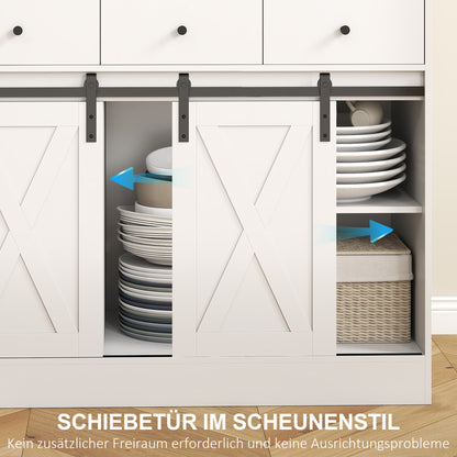 HOMCOM Küchenschrank mit Regalen, Schränken, Schubladen und Ablagefläche, Bauernhaus-Flair, verstellbare Regale, Holz, Weiß