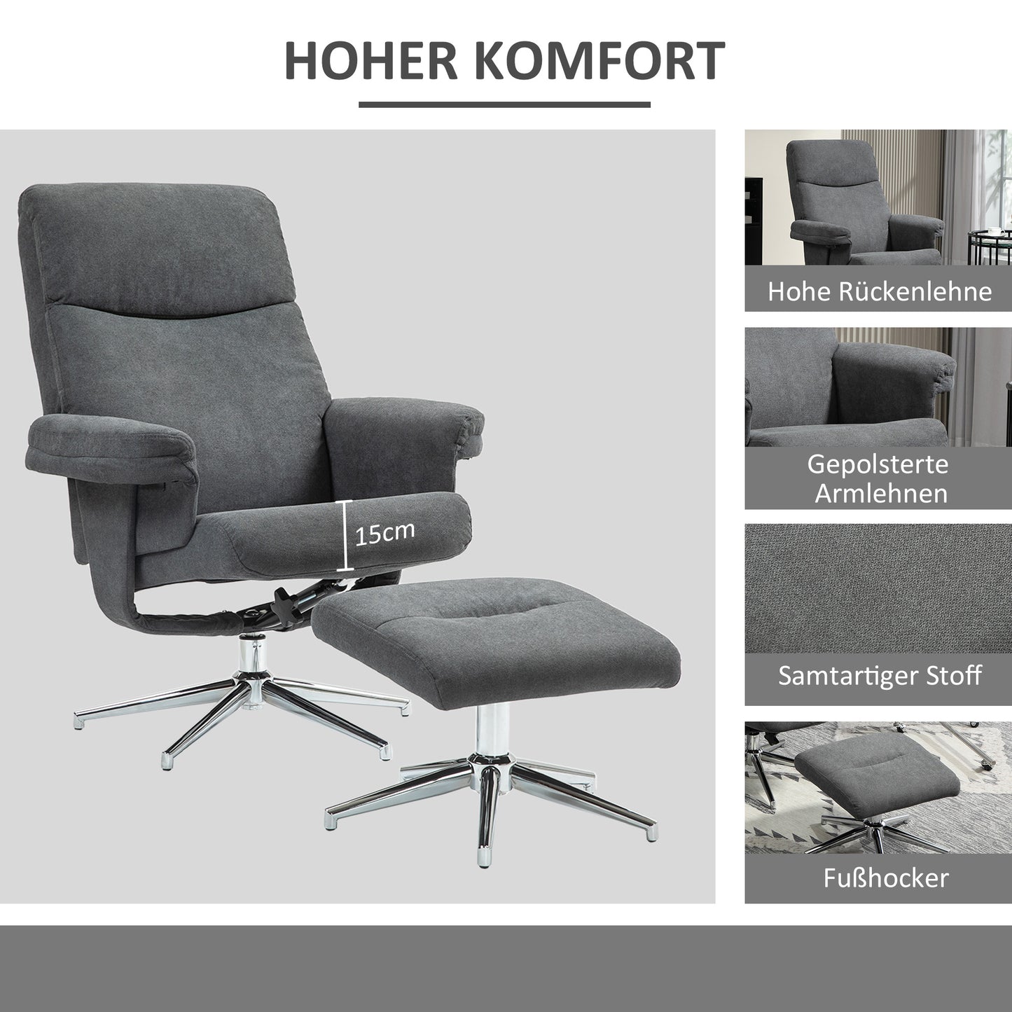 HOMCOM Relaxsessel mit Hocker, verstellbare Rückenlehne, Samtoptik, bis 150 kg, Anthrazit
