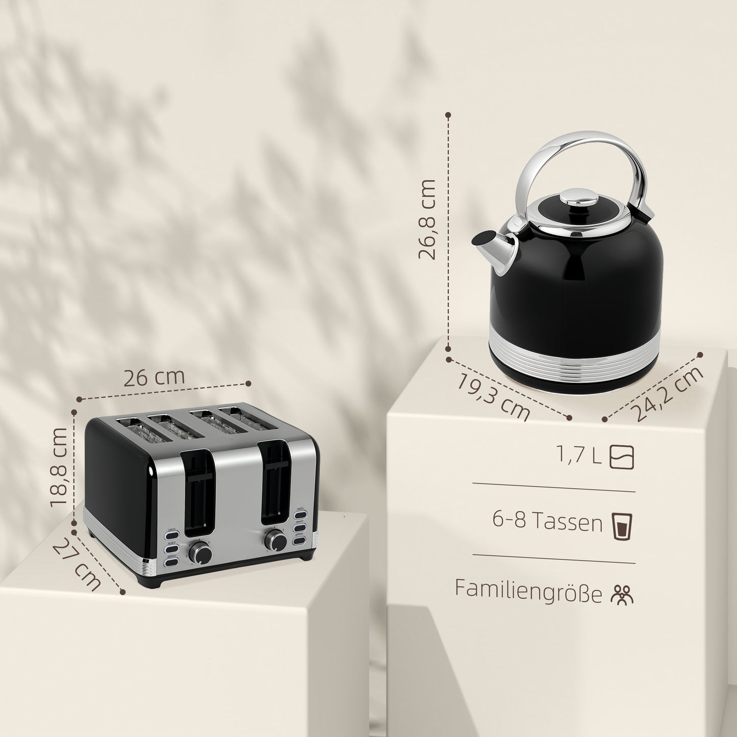 HOMCOM Wasserkocher- und Toaster-Set, 7 Bräunungsstufen, 1,7 L, Kunststoff, Edelstahl, Schwarz