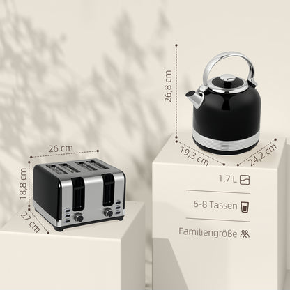 HOMCOM Wasserkocher- und Toaster-Set, 7 Bräunungsstufen, 1,7 L, Kunststoff, Edelstahl, Schwarz