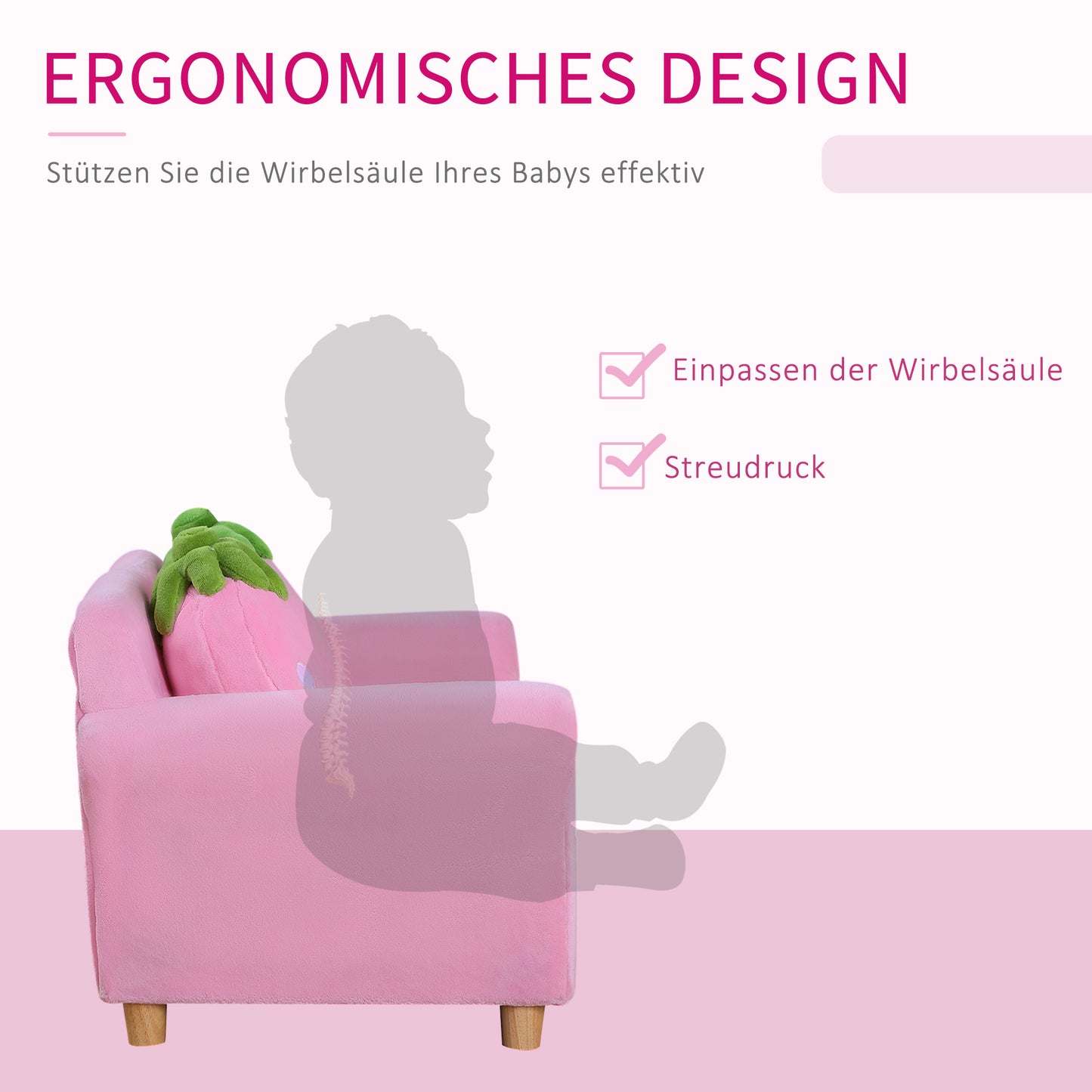HOMCOM Kindersessel Kindersofa mit Korallenvlies-Optik, massiven Holzfüßen Sessel aus Schaumstoff Kinderstuhl für Kinderzimmer, Spielzimmer, 90 x 53 x 48cm, Rosa