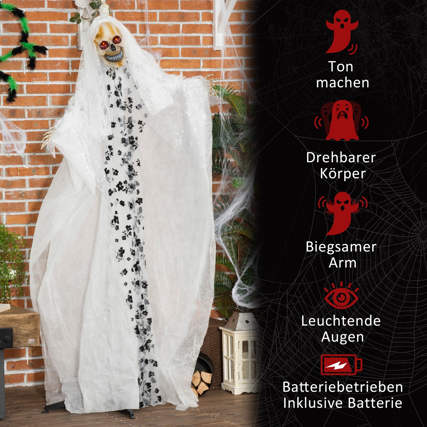 Outsunny Halloween-Dekoration Geisterbraut, Schreie &amp; Augenleuchten, bewegungsaktiviert, 170cm groß, Inomhus