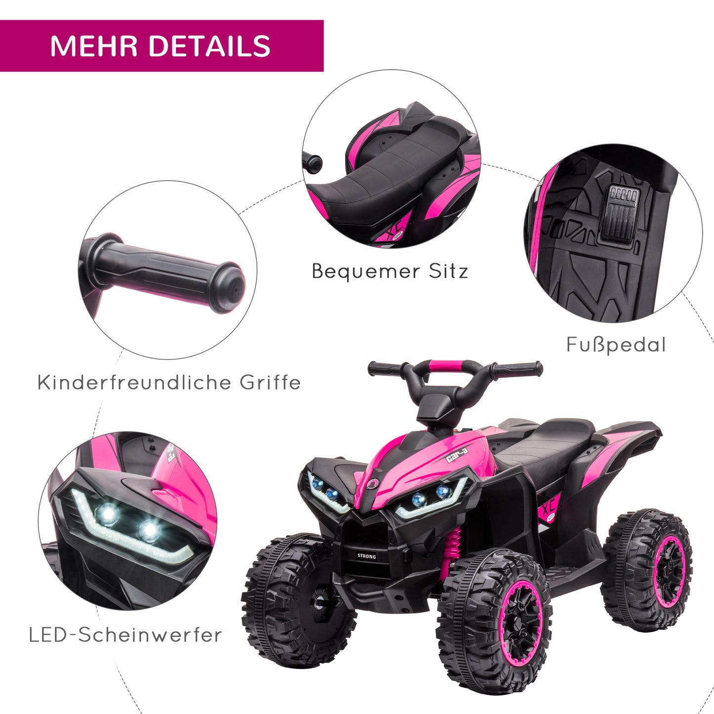 HOMCOM Elektro Kinderquad, 3-6 km/h, Licht/Musik, für 3-5 Jahre, bis 25kg, Rosa/Schwarz