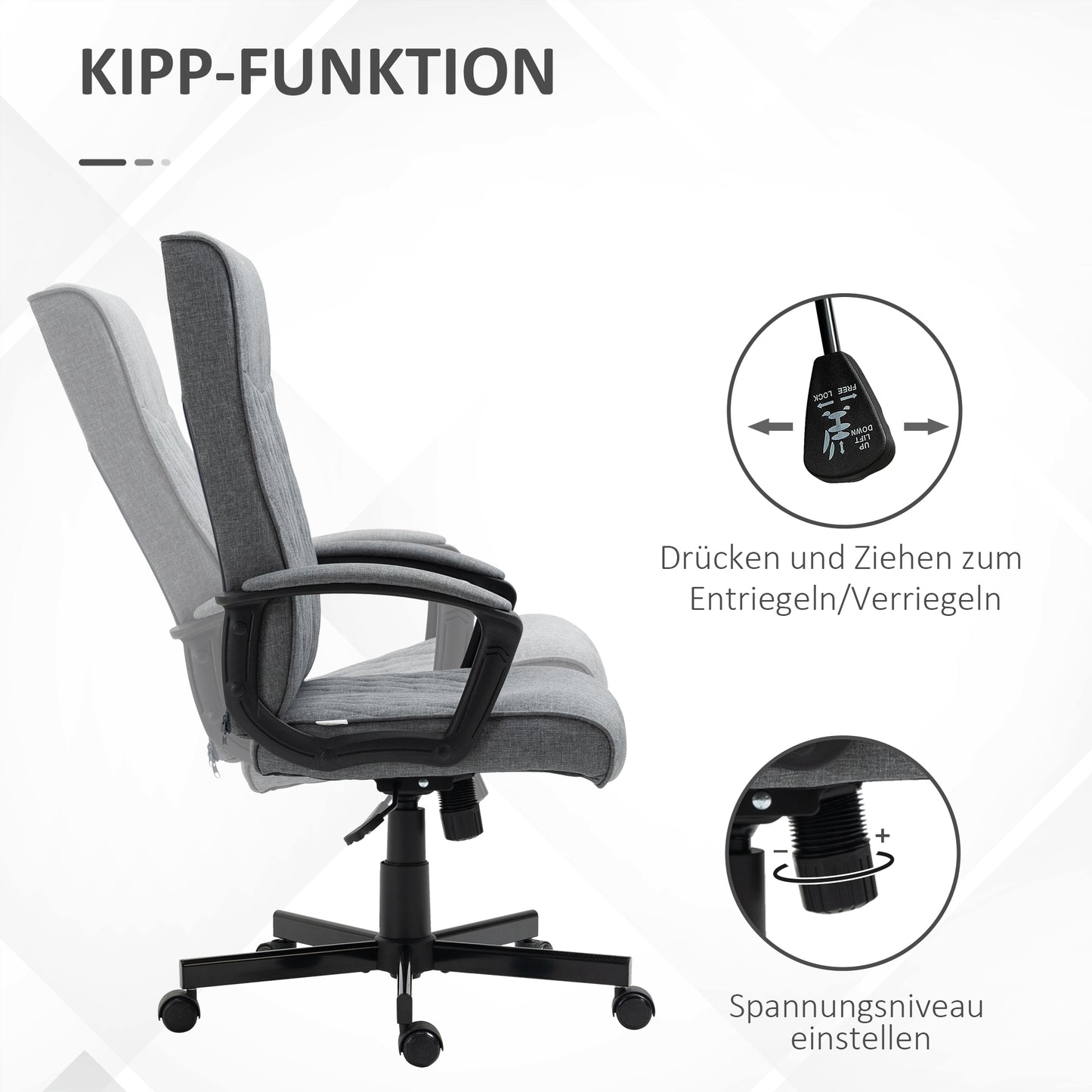 Vinsetto Bürostuhl Computerstuhl, höhenverstellbar, neigbar, ergonomischer Bürostuhl, Grau