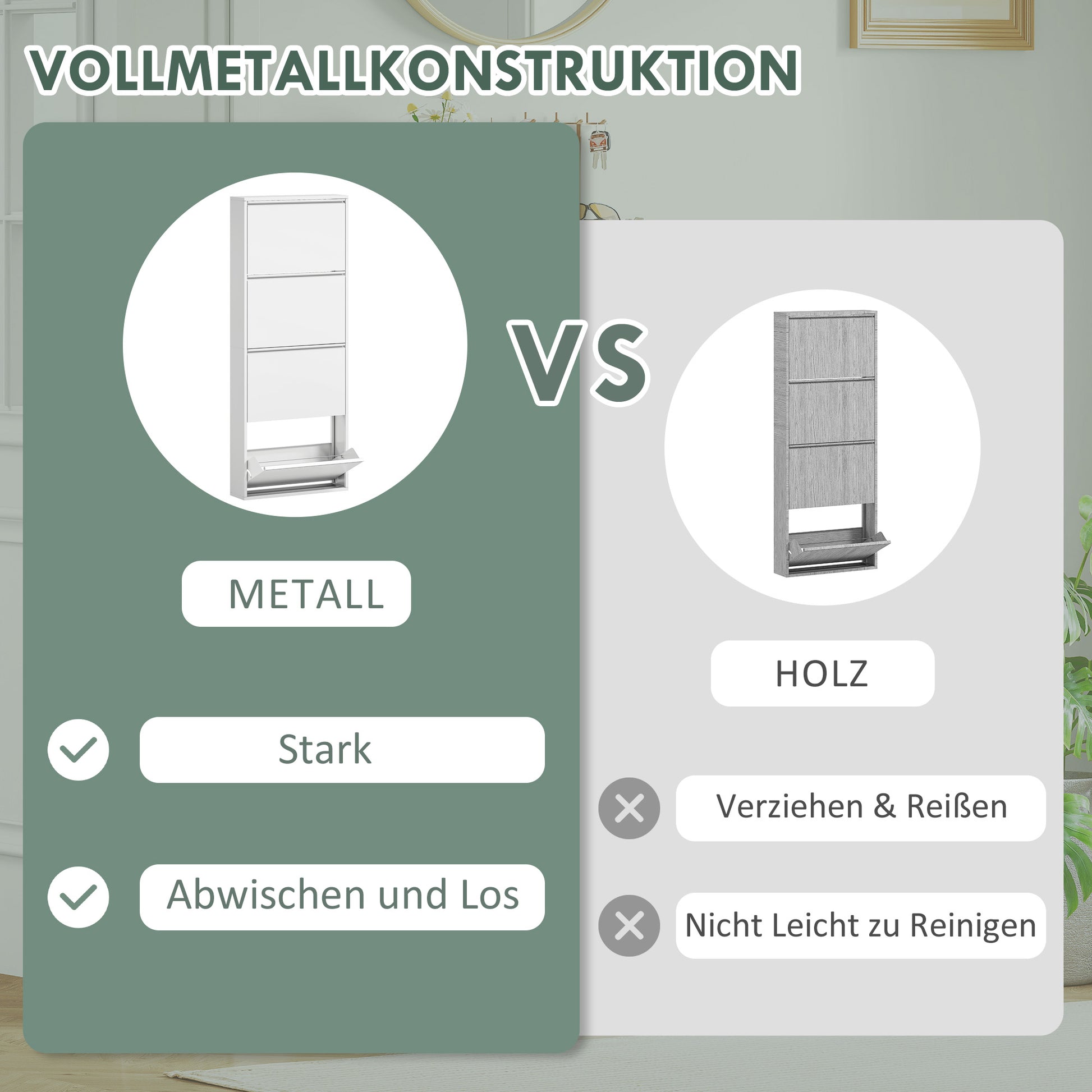 HOMCOM Schmaler Schuhschrank aus Metall für bis zu 8 Paar Schuhe, 4 Kippschubladen, für Flur, Eingangsbereich, Weiß