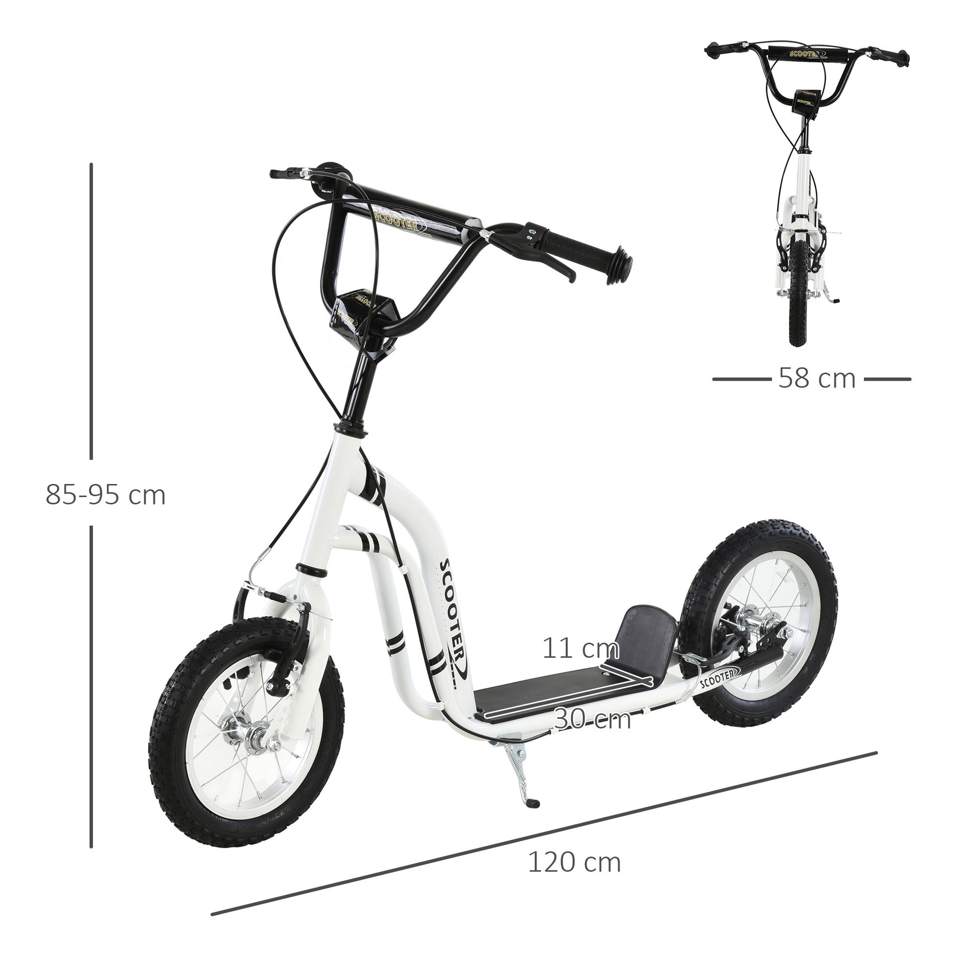 HOMCOM Kinderroller ab 5 Jahre Scooter Kinderscooter Tretroller Cityroller Kinder Roller Kickboard mit Luftreifen 12 Zoll Gummi Aluminium Weiß 120 x 58 x 85-95 cm