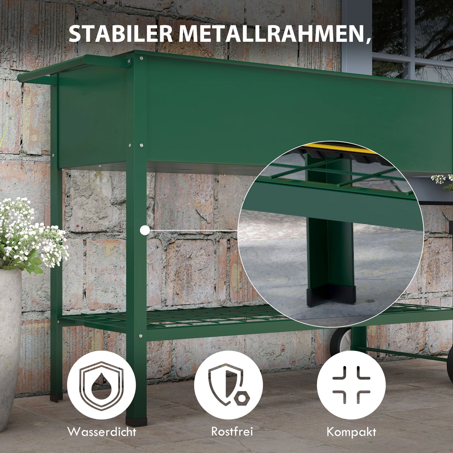 Outsunny Hochbeet Pflanzbeet Pflanzkasten, 1 Ablage, 2 Rollen, 109 cm x 44 cm x 80 cm, Grün