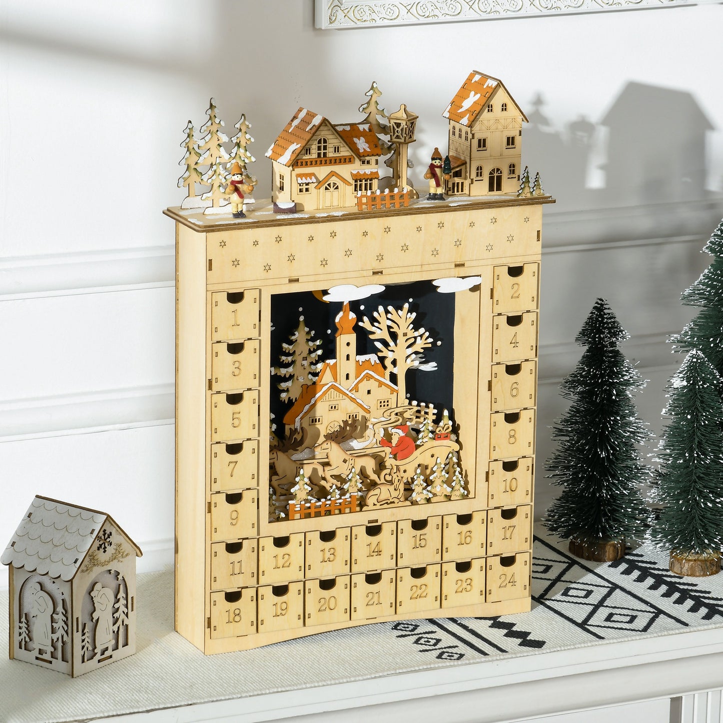 HOMCOM Adventskalender zum Befüllen 24 Schubladen Fächer Weihnachtskalender mit LED-Lichtern Naturholz 36 x 9 x 52 cm