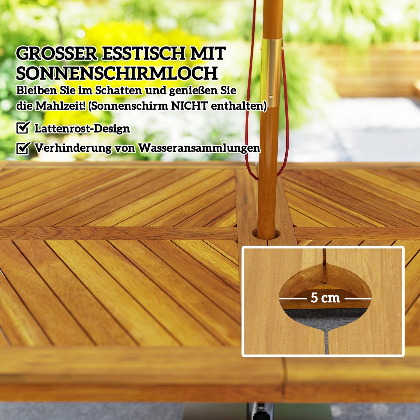 Outsunny 3 tlg. Gartenmöbel-Set, Sitzgarnitur inkl. 1 Esstisch mit Schirmloch, 2 Bänke 150 x 85 x 75 cm Teak