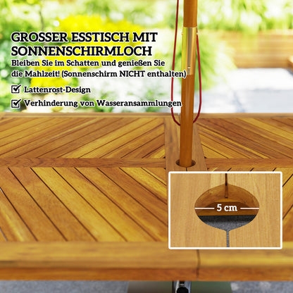 Outsunny 3 tlg. Gartenmöbel-Set, Sitzgarnitur inkl. 1 Esstisch mit Schirmloch, 2 Bänke 150 x 85 x 75 cm Teak