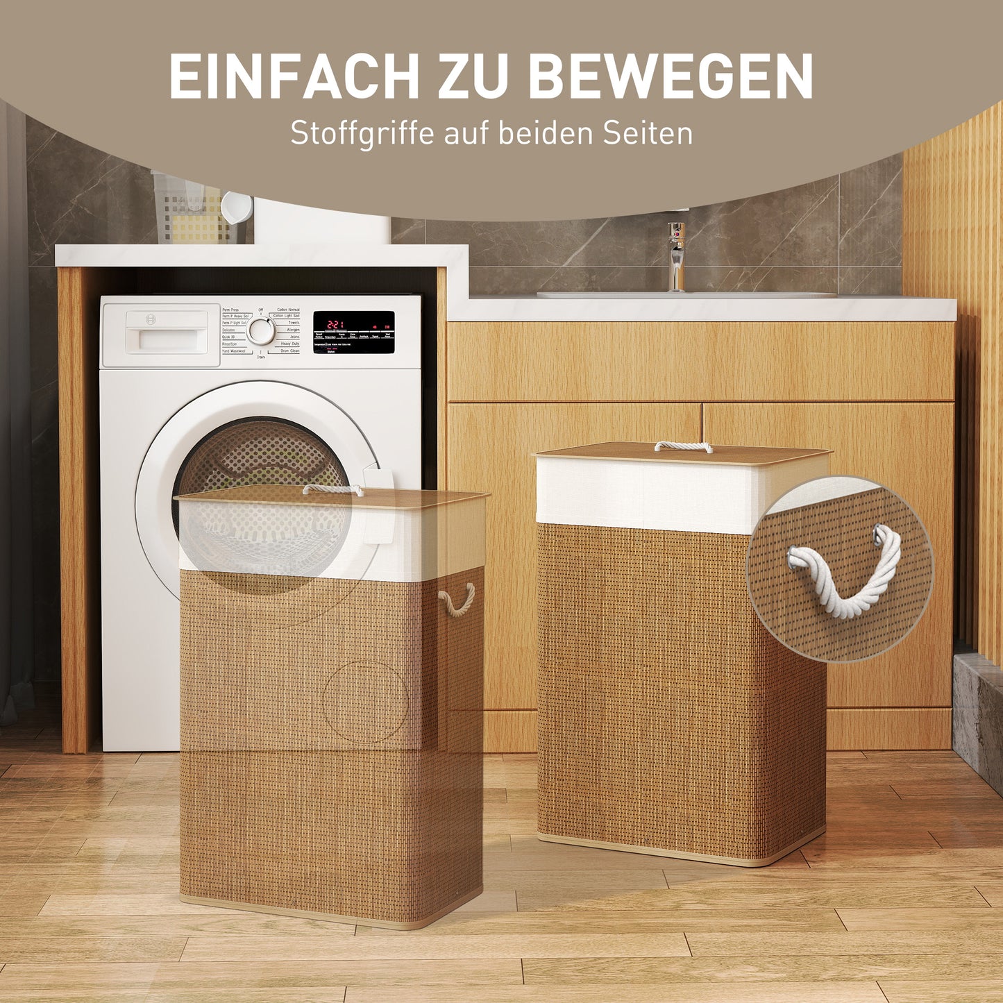 HOMCOM Bambus Wäschekorb mit Deckel 72 L Wäschesammler mit Bambusgriffen, herausnehmbarer Wäschesack Braun