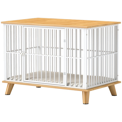 PawHut Hundebox mit Verriegelungstür, abnehmbares Kissen, gute Belüftung, Stahl, 86x60x70 cm, Weiß+Grau