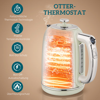 HOMCOM Wasserkocher- und Toaster-Set, LED-Anzeige, 1,7 Liter, 2200W, Retro-Design, Memory-Funktion, Grau