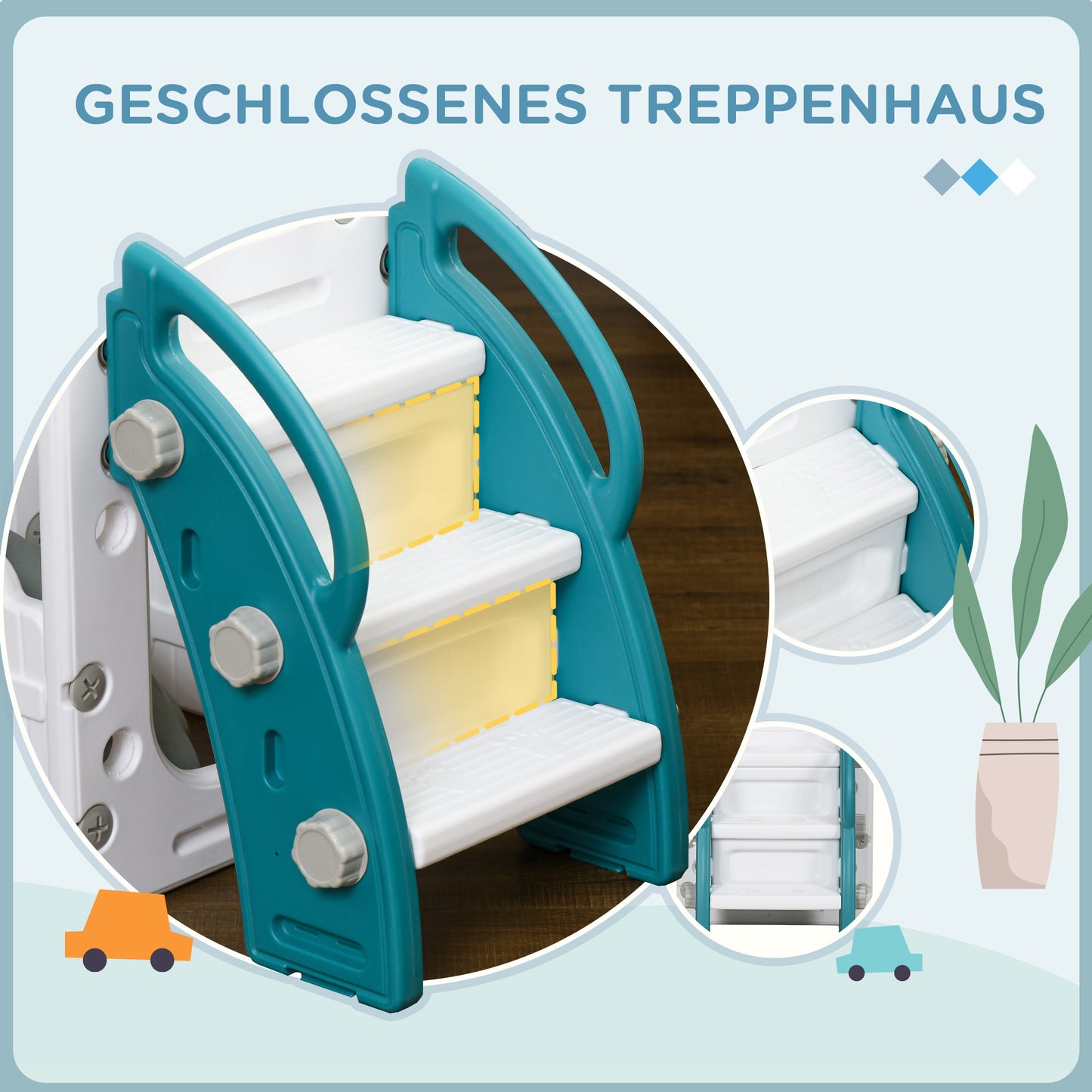 AIYAPLAY Kinderrutsche, 7-in-1 Spielgerüst, mit Basketball & Lenkrad, für 1-3 Jahre, 178x177x99cm, Gelb/Weiß/Grün