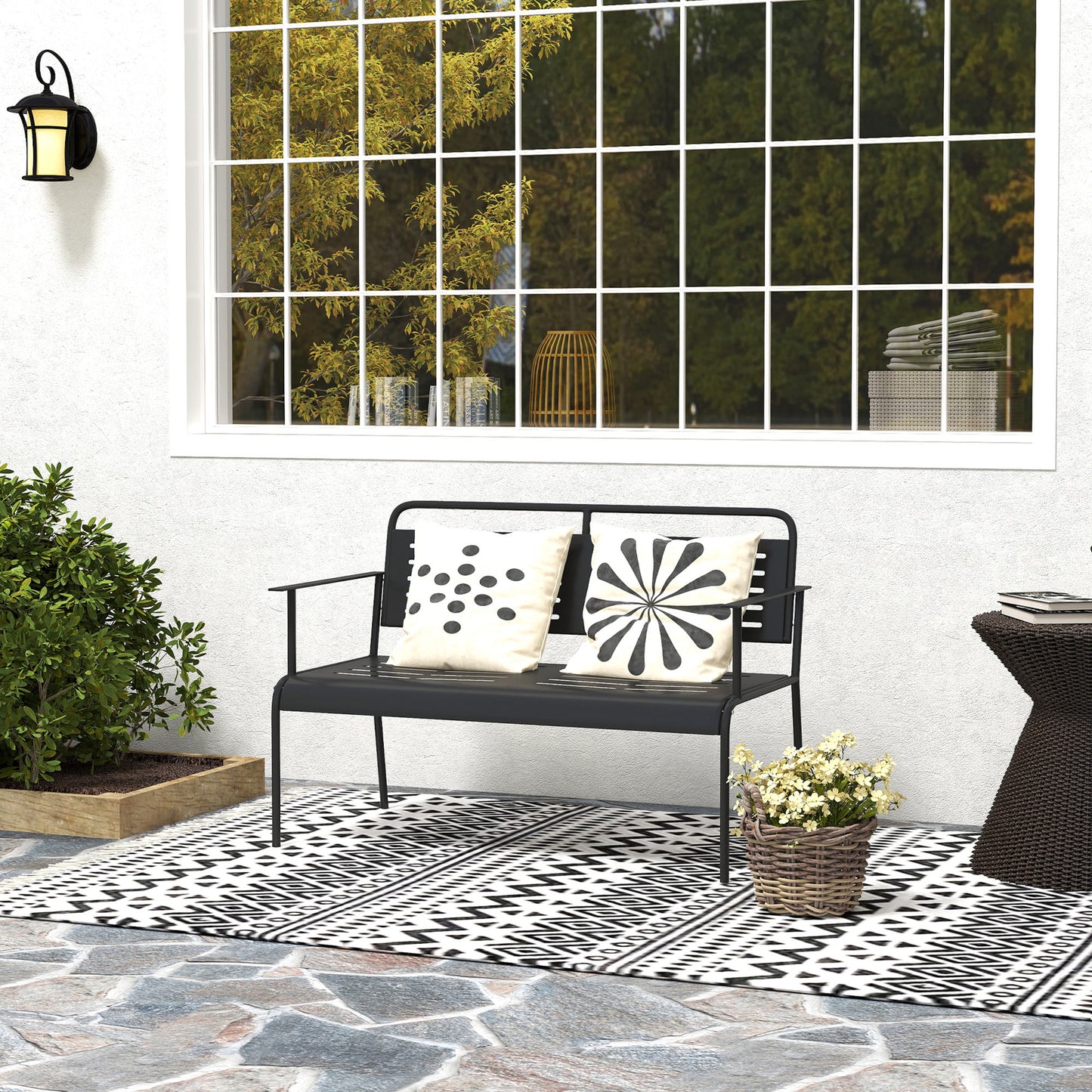 Outsunny -Sitzer Gartenbank, wetterfest Sitzbank, wasserabweisend Gartenmöbel mit Rücken- & Armlehnen 121 x 64 x 84cm, Schwarz