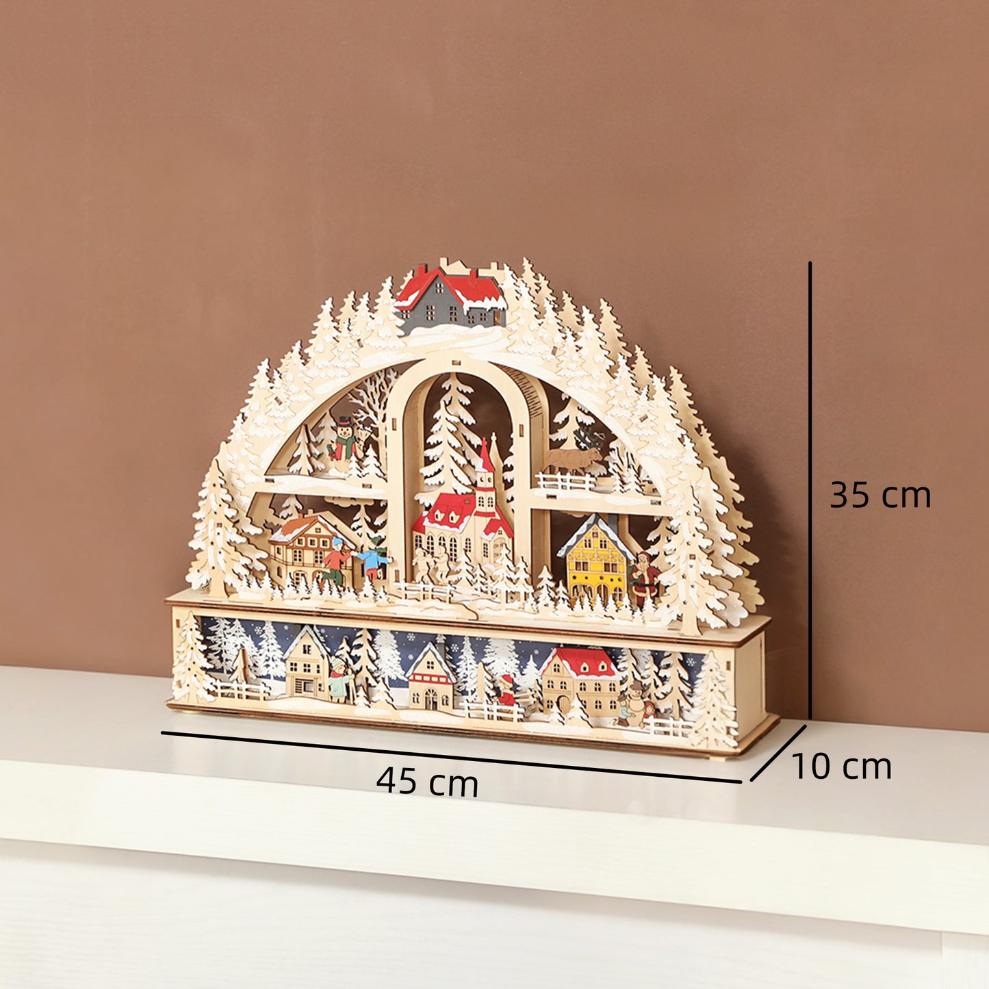 HOMCOM Weihnachtsdorf mit LED-Leuchtung, 45 cm Weihnachtsstadt mit Schneemann, Renntier und Bäume Naturholz