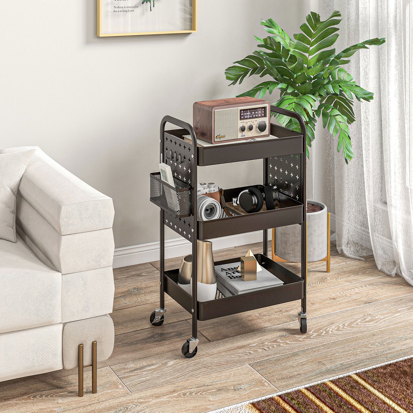 HOMCOM Mehrzweckwagen Rollwagen Küchenwagen, 3 Regale, 4 Rollen, 53,5 cm x 30,5 cm x 75 cm, Schwarz