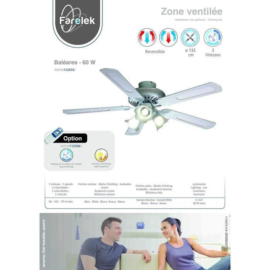 FARELEK - BALEARES Ø 132 cm - Reversible ceiling fan, 5 white blades / white canes + lighting