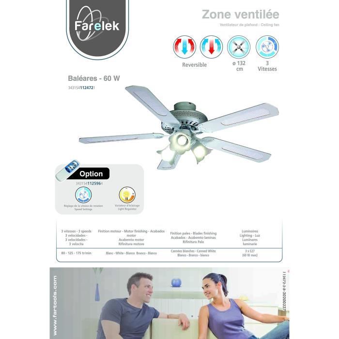 FARELEK - BALEARES Ø 132 cm - Reversible ceiling fan, 5 white blades / white canes + lighting