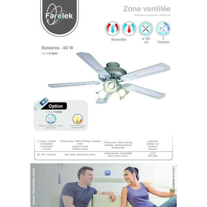 FARELEK - BALEARES Ø 132 cm - Reversible ceiling fan, 5 white blades / white canes + lighting