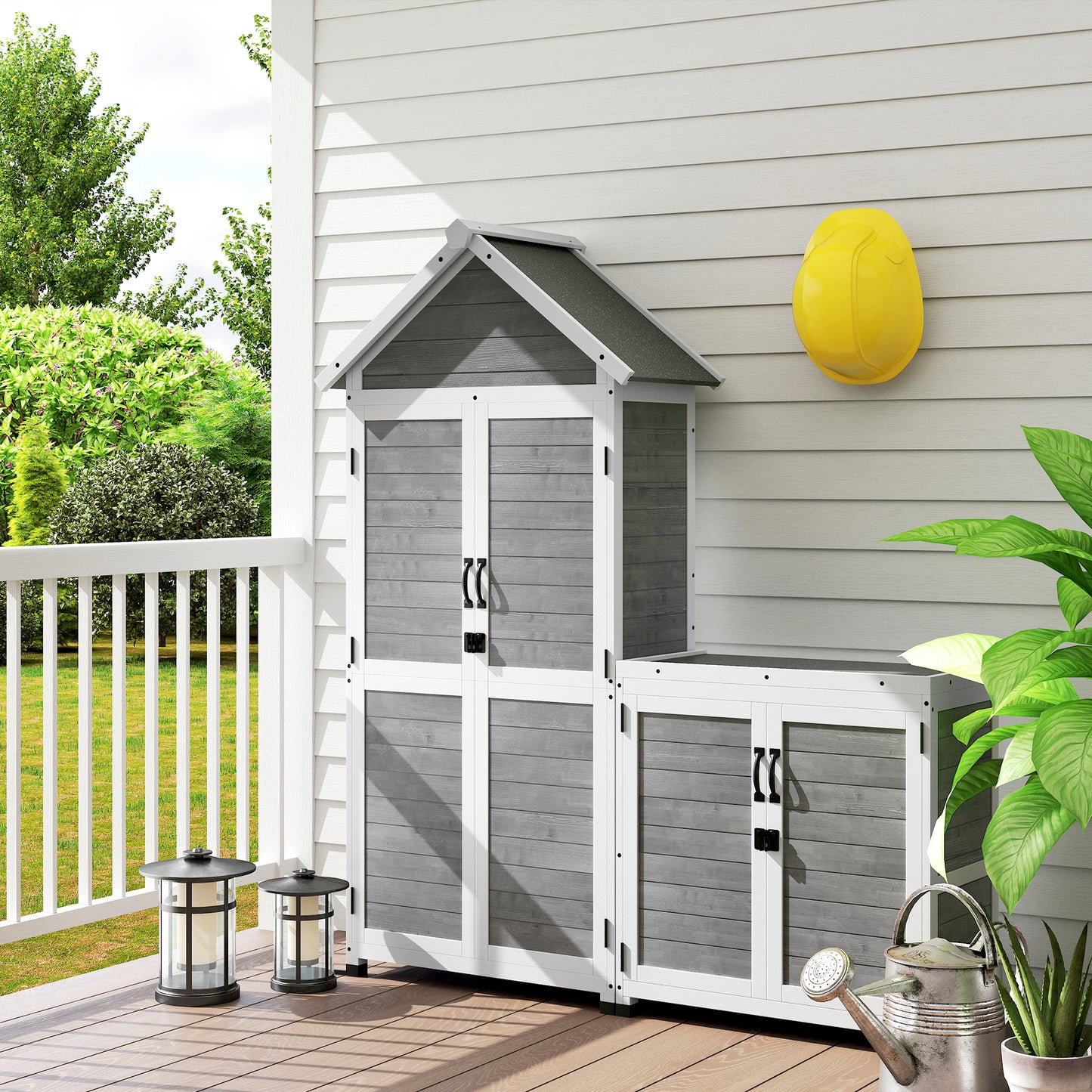 Outsunny Gartenschuppen mit Aufbewahrungsschrank, anpassbare Regale, verschließbare Türen, wasserfest, Fichtenholz, Hellgrau