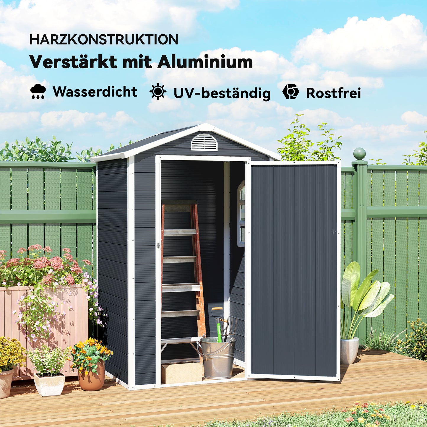 Outsunny Gerätehaus Kunststoff 1,9m² 134x104x204cm Geräteschuppen mit Satteldach Tür wetterfest Gartenhaus Outdoor Garten Schuppen Schrank für Hinterhof Außenbereich Dunkelgrau