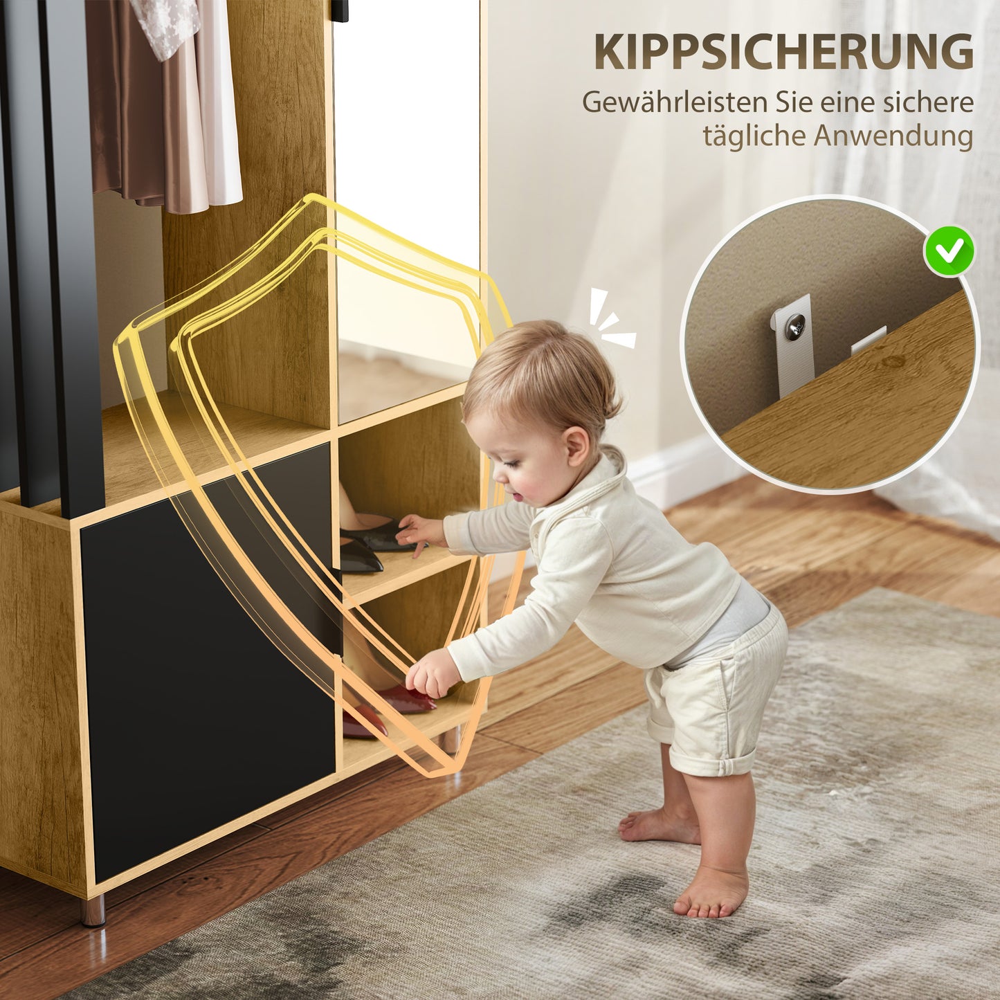 HOMCOM Kleiderschrank mit Spiegel und Hängestange, Aufbewahrungsfächer, offene Ablageflächen, Naturholz, Schwarz