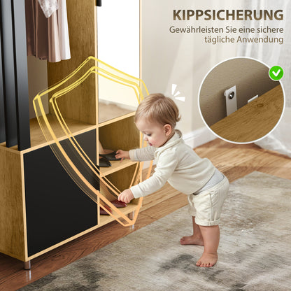 HOMCOM Kleiderschrank mit Spiegel und Hängestange, Aufbewahrungsfächer, offene Ablageflächen, Naturholz, Schwarz