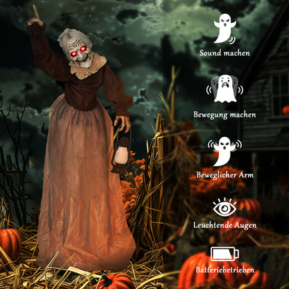 Outsunny 150 cm Halloween Dekoration Halloween Hexe mit LED-Lichter, Soundfunktion verstellbare Arme, Kopf