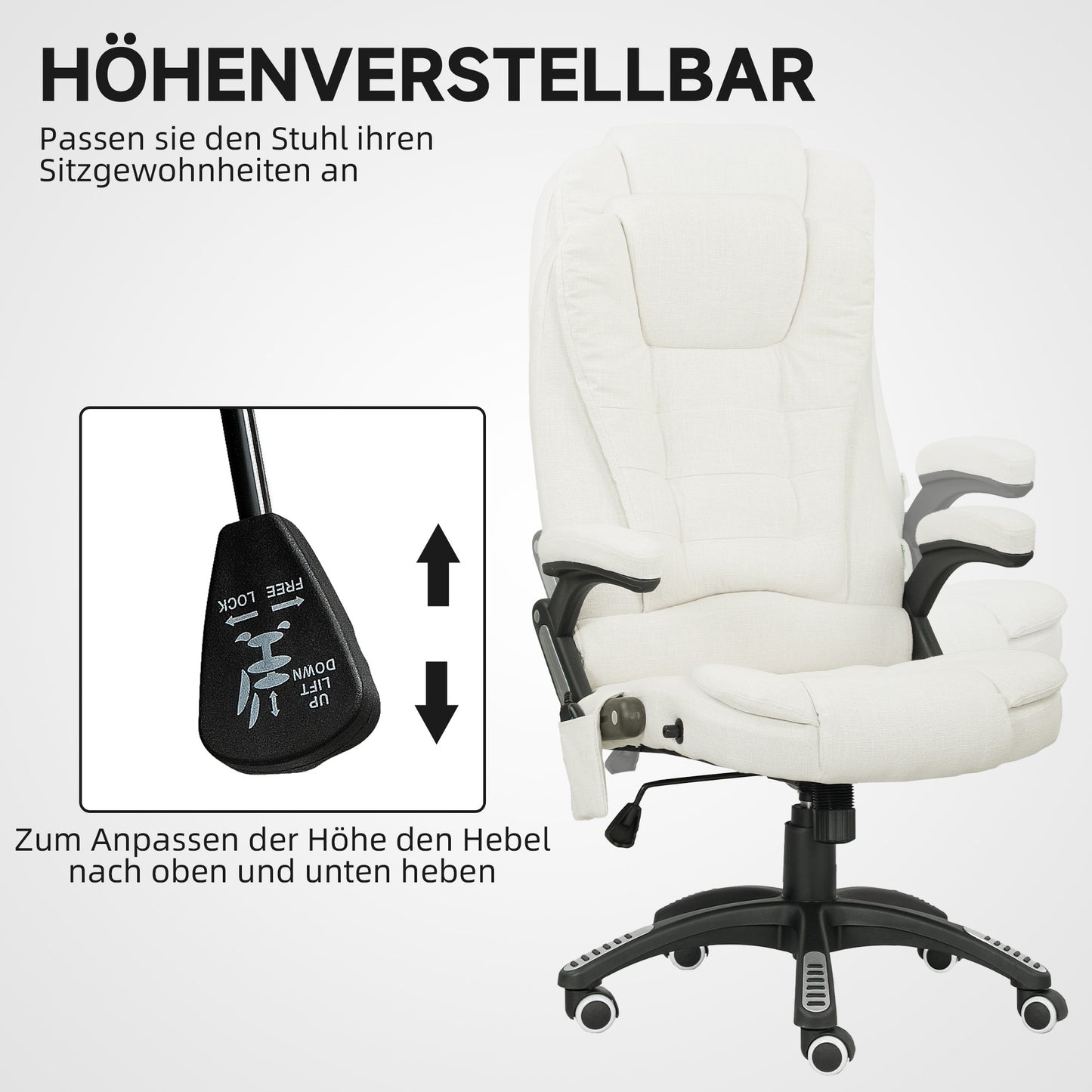 Vinsetto Ergonomischer Schreibtischstuhl med massagefunktion, 68 x 72 x 110–120 cm, Cremeweiß