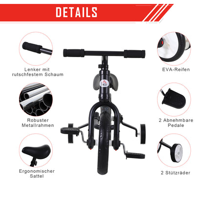 HOMCOM Kinder Laufrad ab 2-5 Jahre Lauflernrad mit Stützrädern, Pedalen, Höhenverstellbarem Sitz, Spielzeug Balance Bike für Kleinkinder Erste Geburtstag Geschenk, Schwarz